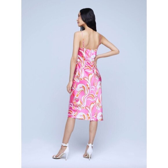 L'agence Jodie Silk Midi Slip Dress Orange Rose Abstract Swirl Womens 10 - Picture 3 of 13